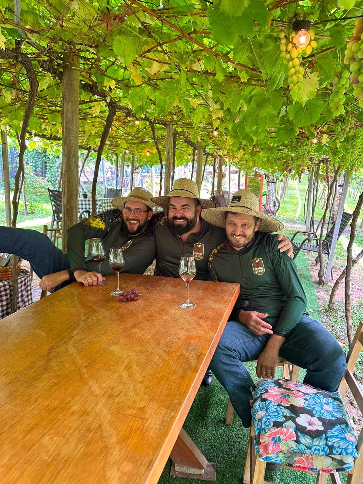 Sócios da Primos da Uva reunidos sob o parreiral, de chapéu de palha e camisa da marca
